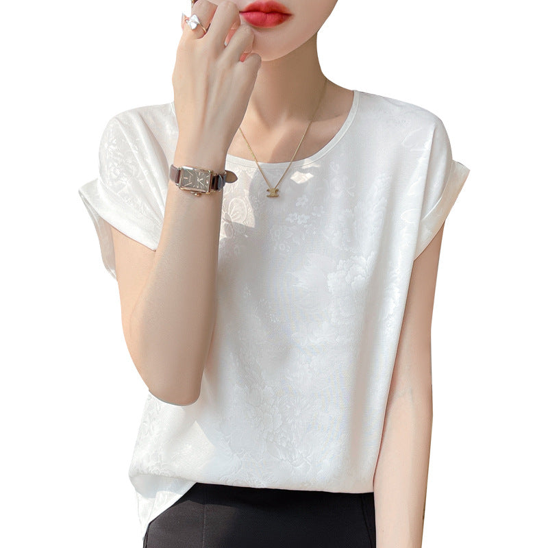 Crew-neck Cropped Elegant Dark-print Plus-size Short-sleeve T-shirt