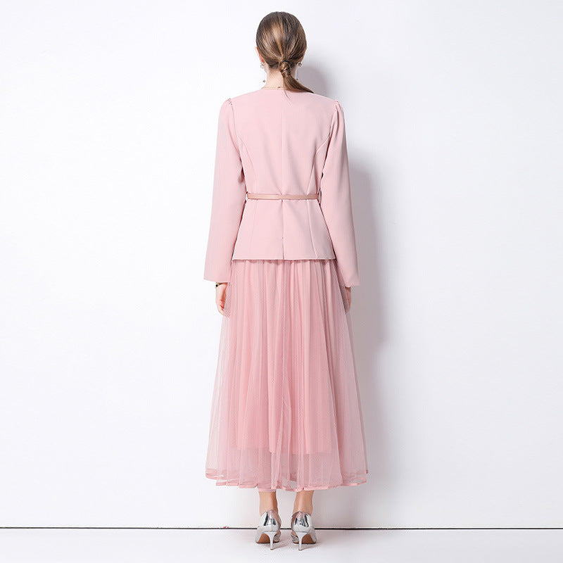Metal Flower-Clasp Suit Waist-Cinching Slimming Coat And Mesh Long Skirt Two-Piece Set