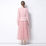Metal Flower-Clasp Suit Waist-Cinching Slimming Coat And Mesh Long Skirt Two-Piece Set