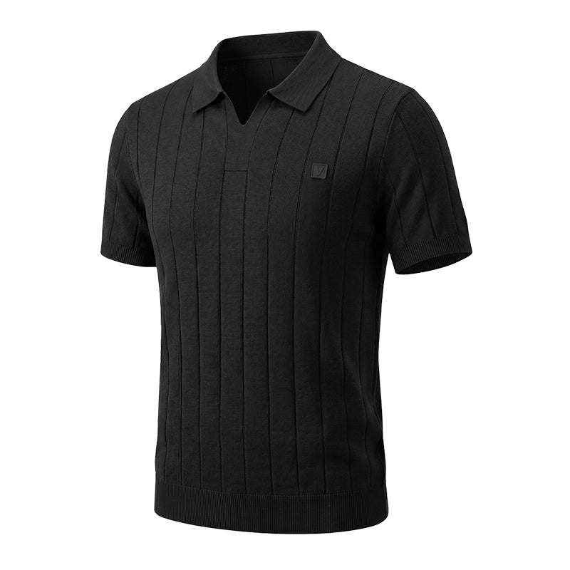 Men's Green Vertical Rib Knit Polo Shirt, Johnny Collar Short Sleeve Casual Top