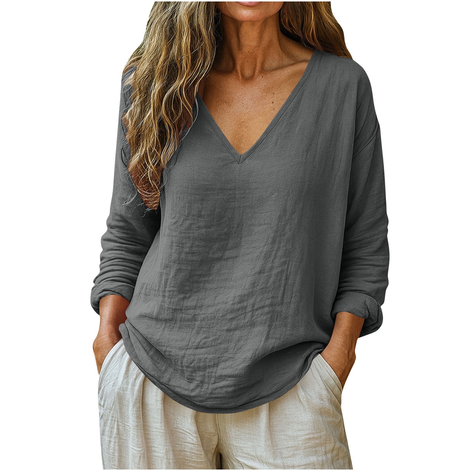 Fashionable Cotton-Linen Long-Sleeve V-Neck Top