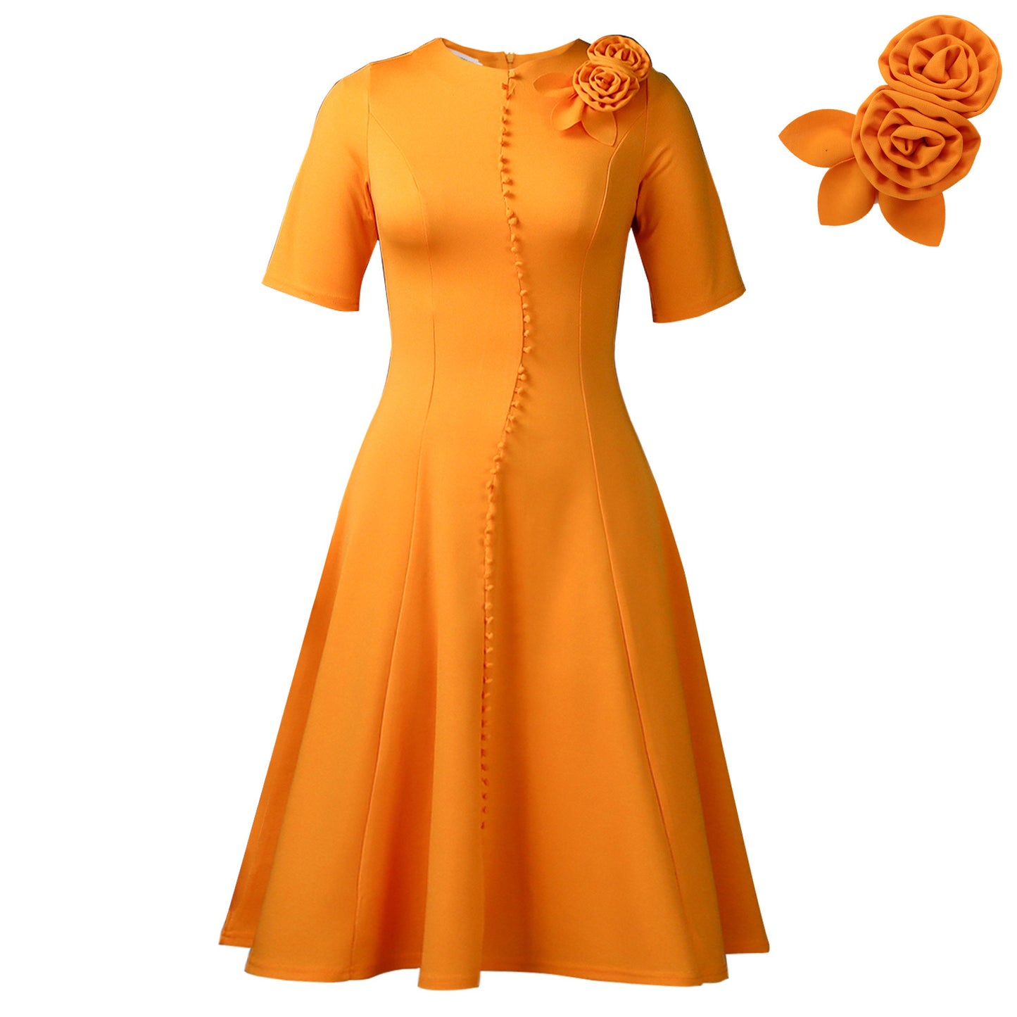 Women's Solid-Color Crew-Neck Elegant Dress
