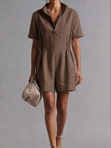 Womens Casual Long-Sleeve Lapel-Neck Split Jumpsuit