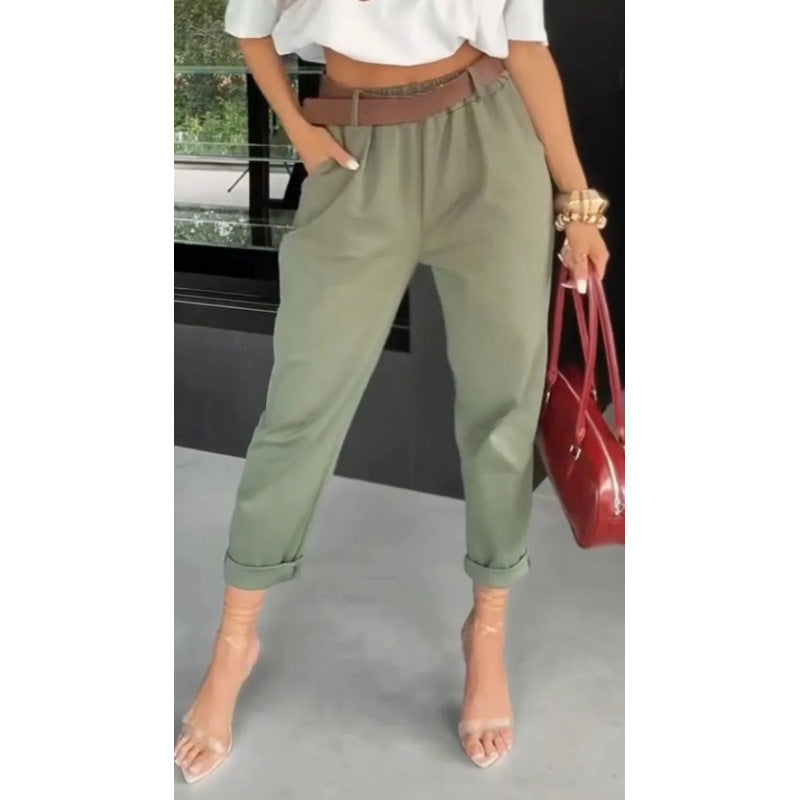 New Womens Solid-color Pocketed Slim-fit Versatile Casual Pants