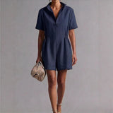 Womens Casual Long-Sleeve Lapel-Neck Split Jumpsuit