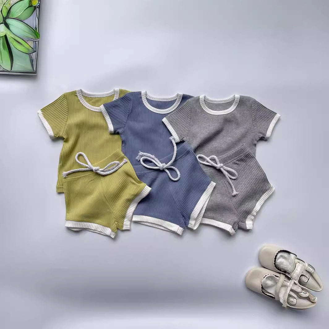 Korean Style Round Neck Hemming Shorts Short Sleeve Sunken Stripe Cotton