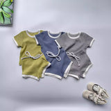 Korean Style Round Neck Hemming Shorts Short Sleeve Sunken Stripe Cotton