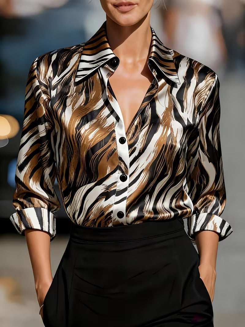 Women's Satin Lapel Long-Sleeve Shirt