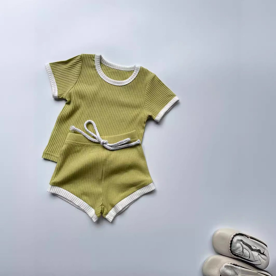 Korean Style Round Neck Hemming Shorts Short Sleeve Sunken Stripe Cotton