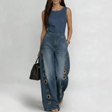 High-waisted Loose-fit Cutout Metal-detail Denim Jumpsuit