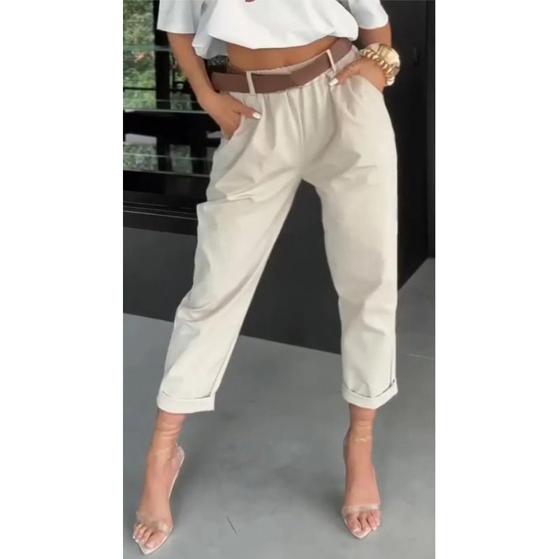New Womens Solid-color Pocketed Slim-fit Versatile Casual Pants