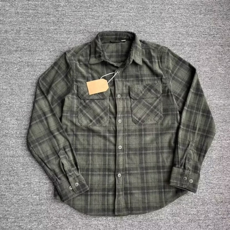 Retro Casual Slim-Fit Striped Corduroy Plaid Shirt