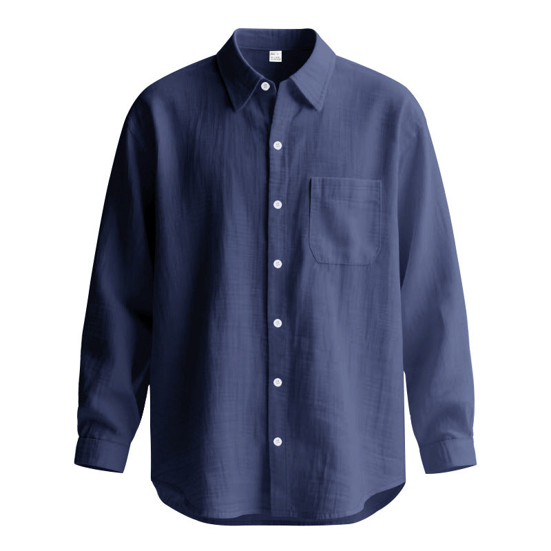 Springautumn Solid Color Cotton Linen Lapel Long Sleeve Shirt
