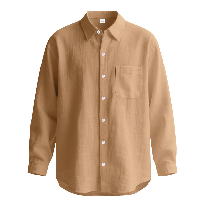 Springautumn Solid Color Cotton Linen Lapel Long Sleeve Shirt