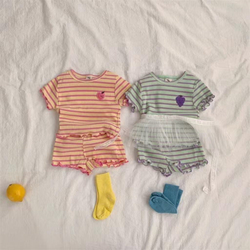 Children's Pajamas Short-sleeved Pants Thin Ice Silk Stripes