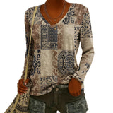 Fashionable Ethnic-Style Printed V-Neck Long-Sleeve T-Shirt