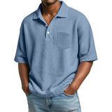 Men's Waffle-Weave Solid Color Short-Sleeve Lapel Polo Shirt