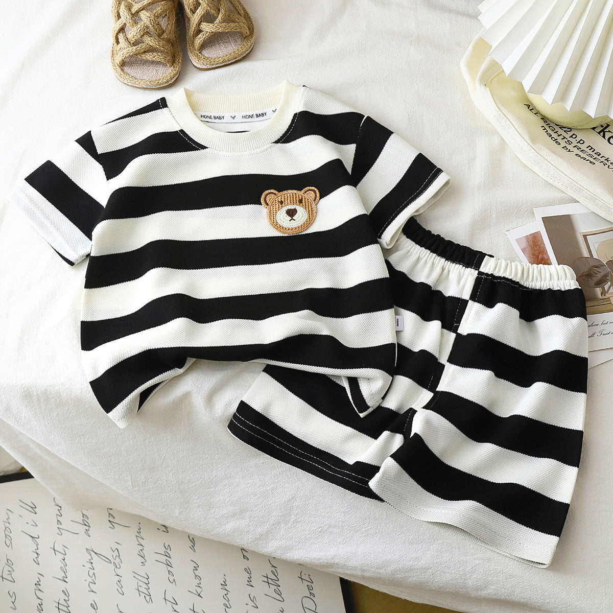 Children's Short-sleeve Set Black And White Striped Boys' T-shirt