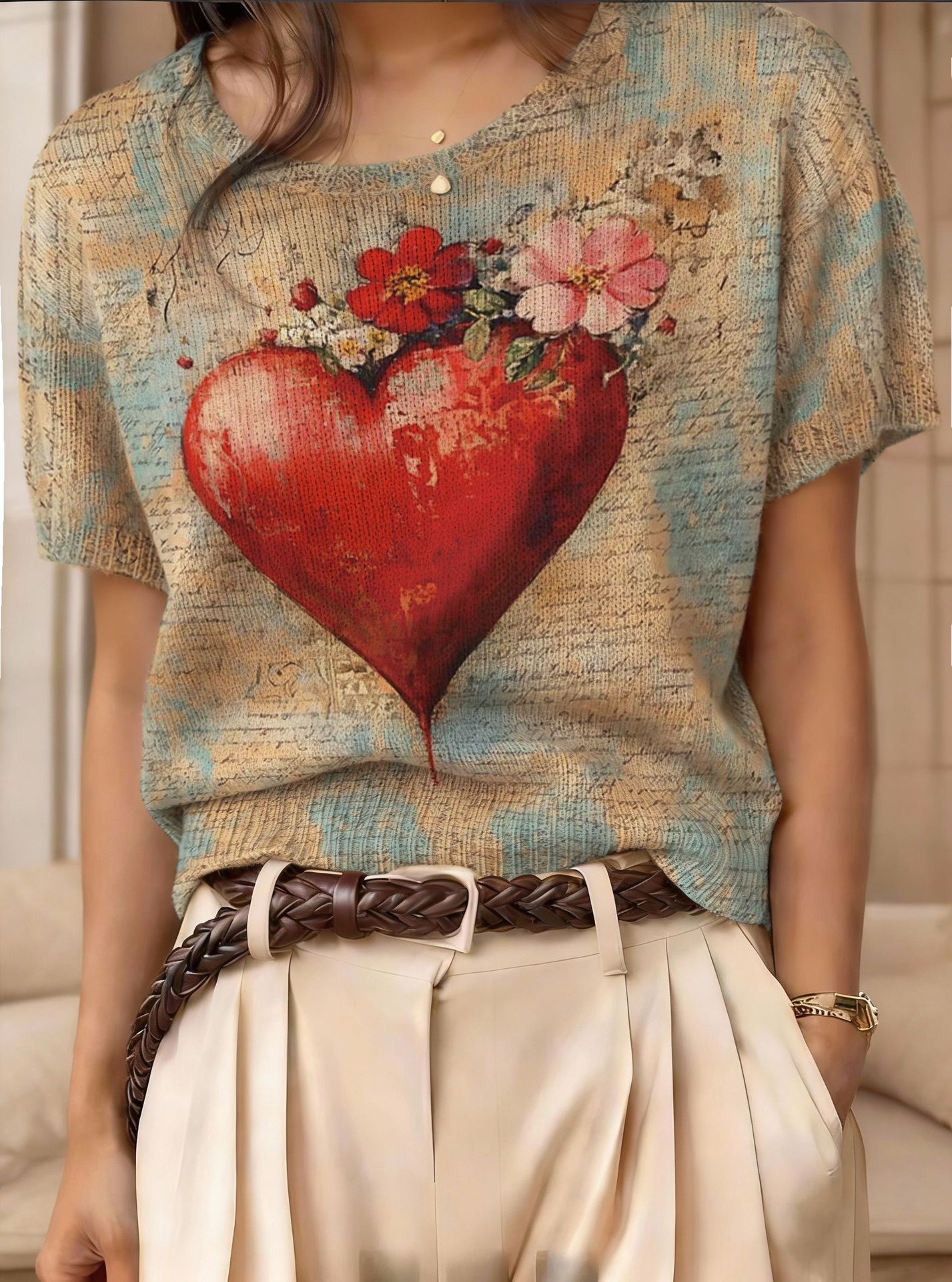 Retro Short-Sleeve Sweater Contrast-Color Jacquard Knit Top