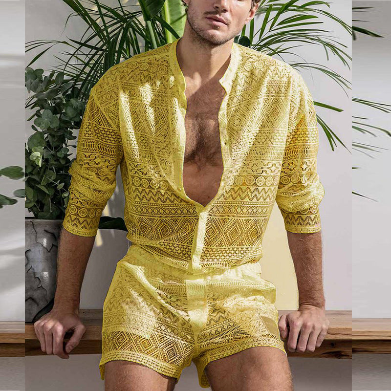 Men's Fashion Set Long Sleeve Shirt Casual Shorts Hollow-Out Men's Suit