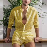Men's Fashion Set Long Sleeve Shirt Casual Shorts Hollow-Out Men's Suit