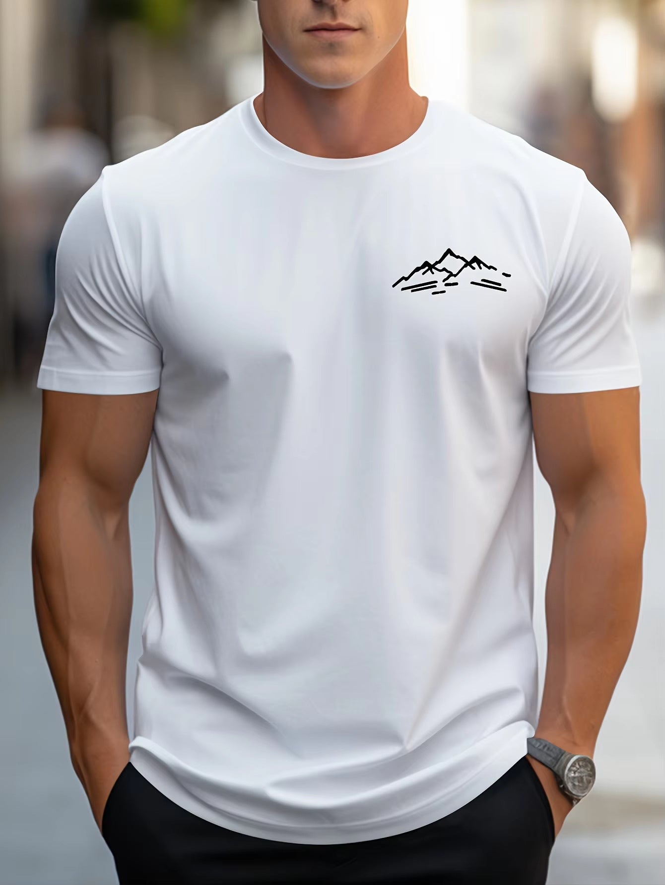 Cotton Relaxed Fit Mountain Pattern Printed Crew Neck Short Sleeve T Shirt For Sports