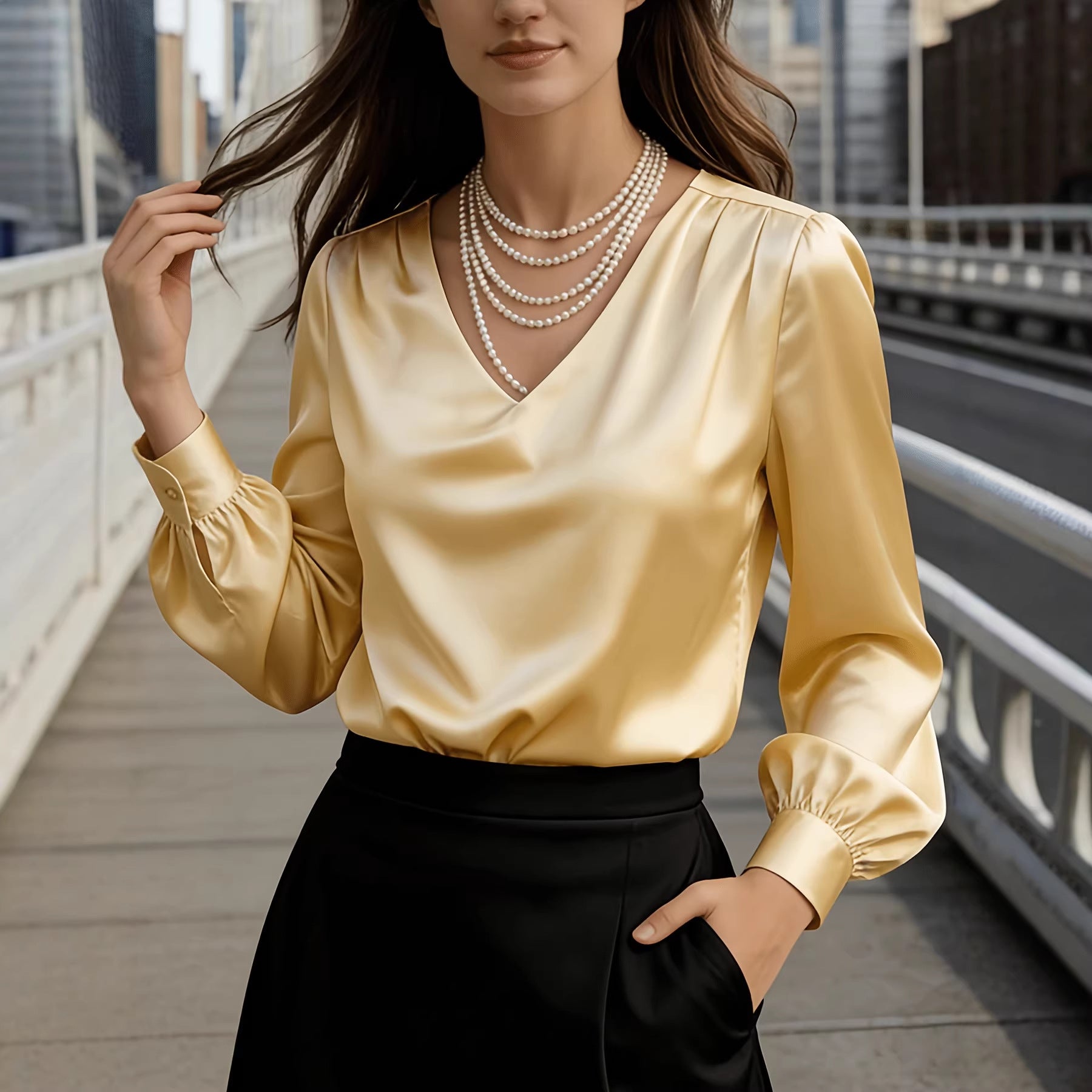 Women's Elegant Solid Color V-neck Long Sleeved Pleated Top With Temperament For Commuting And Loose Fitting Shirt