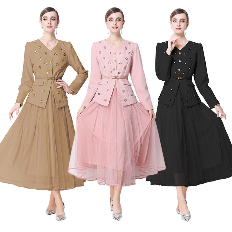 Metal Flower-Clasp Suit Waist-Cinching Slimming Coat And Mesh Long Skirt Two-Piece Set