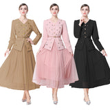 Metal Flower-Clasp Suit Waist-Cinching Slimming Coat And Mesh Long Skirt Two-Piece Set