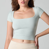 Square-neck Solid-color Cinched-waist Slim-fit Minimalist All-cotton Top