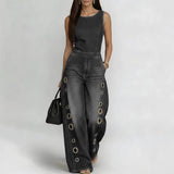 High-waisted Loose-fit Cutout Metal-detail Denim Jumpsuit