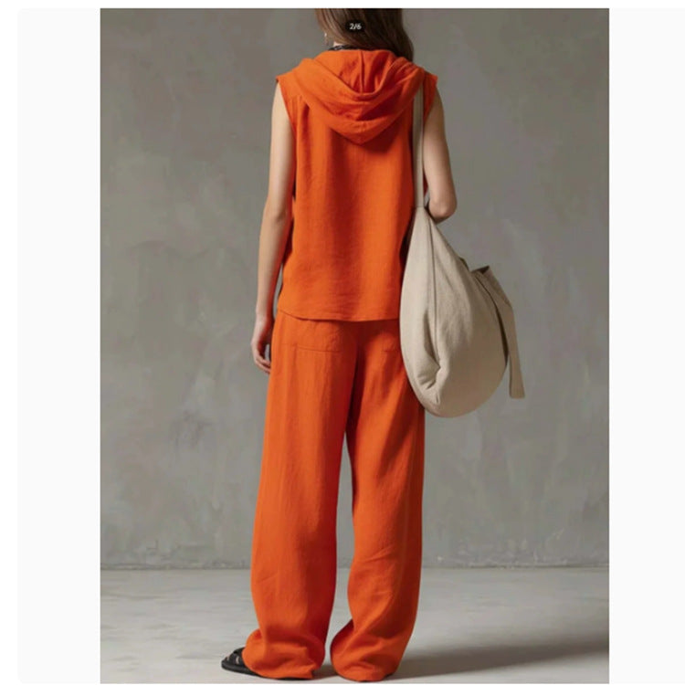Sleeveless Loose Casual Hooded Top High-Waist Wide-Leg Pants Set