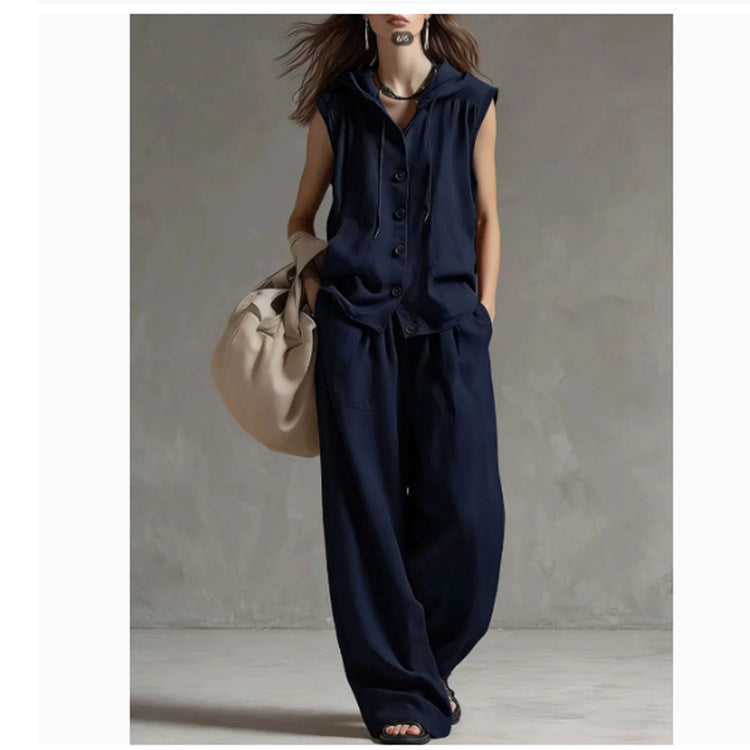 Sleeveless Loose Casual Hooded Top High-Waist Wide-Leg Pants Set