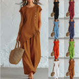 Womens Solid-Color Crew-Neck Buttoned Short-Sleeve Wide-Leg Pants Set