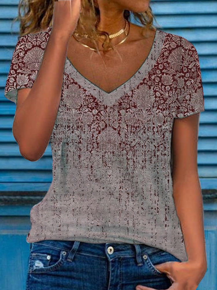 Women's Multicolor Floral Print Short-Sleeve V-Neck Top
