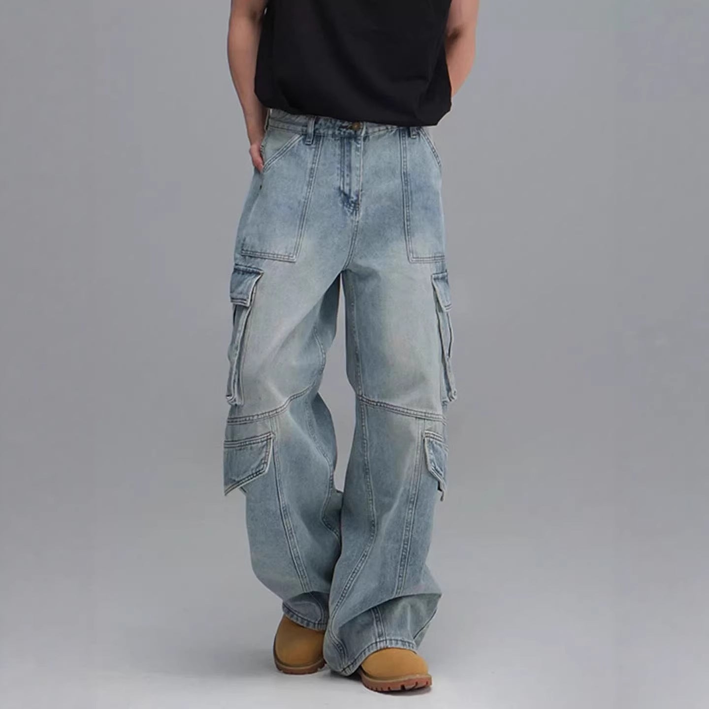 Washed Multi-Pocket Workwear Denim Jeans Mens Casual Wide-Leg Pants