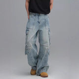 Washed Multi-Pocket Workwear Denim Jeans Mens Casual Wide-Leg Pants