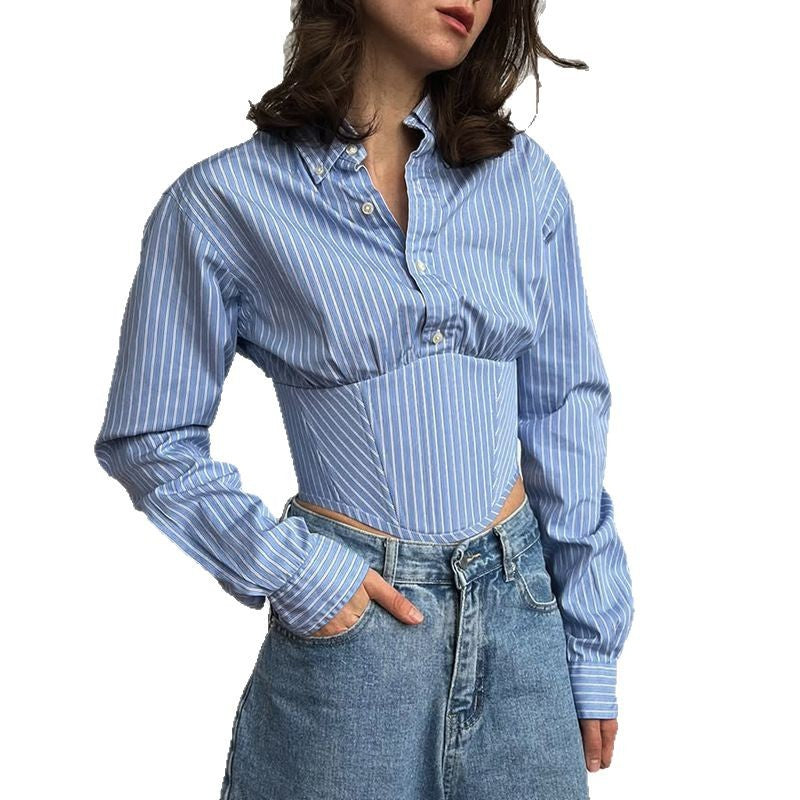 Striped Lapel Fitted Waist Short-length Long Sleeves