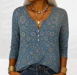 Women's Long-Sleeve Printed V-Neck Loose T-Shirt