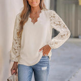 New Womens V-Neck Wave-Pattern Floral Lace Long-Sleeve Shirt
