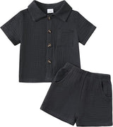 Baby Boy Cotton-Linen Solid Color Textured Fabric Lapel Collar Short-Sleeve Top Elastic Waist Shorts Set