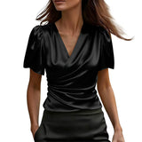 Women's Irregular Designer-Style Pleated Short-Sleeve Shirt