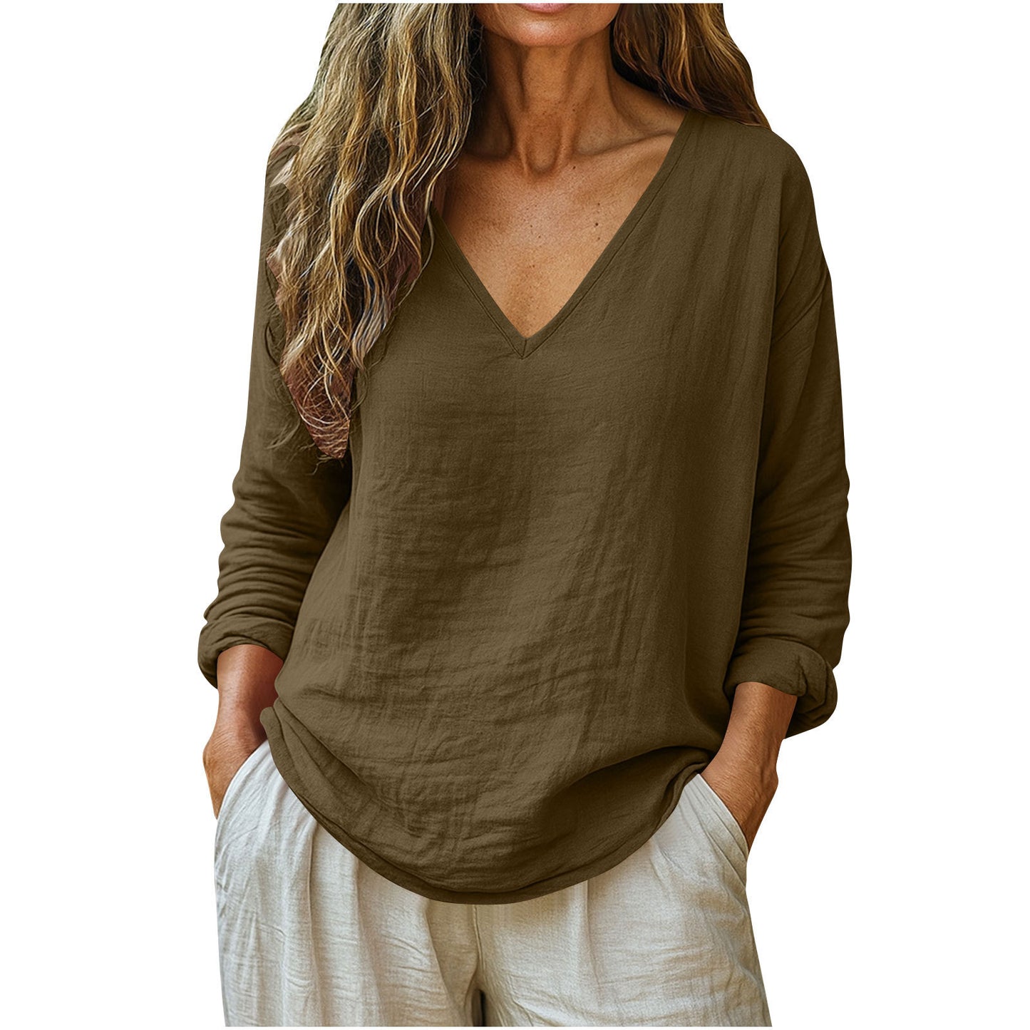 Fashionable Cotton-Linen Long-Sleeve V-Neck Top
