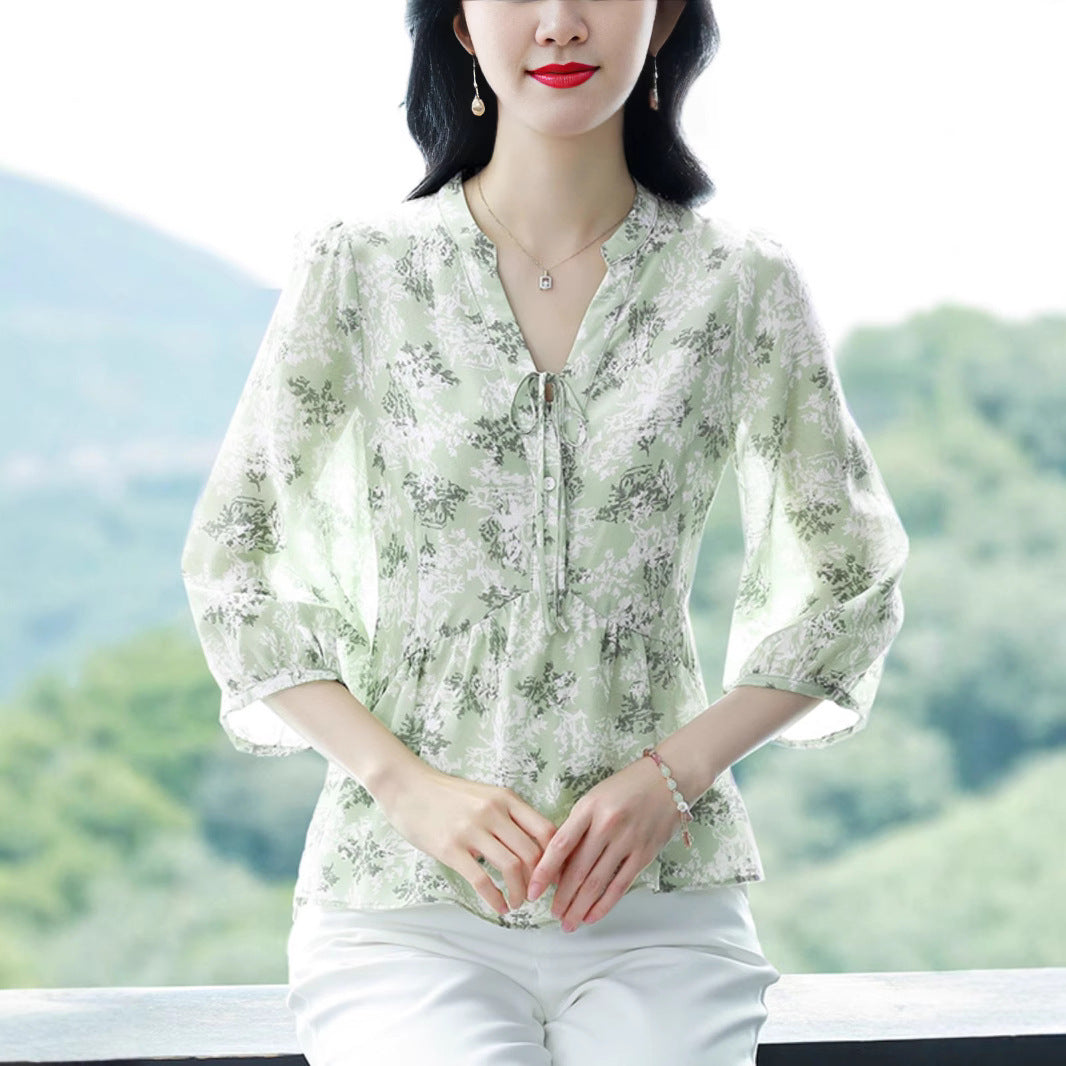 Sweet V-neck Floral Shirt Womens Summer New Stylish Design