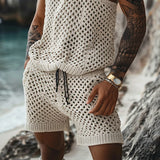 Summer New Casual Vertical Stripe Knitted Suit-Fit Slim Fit Turn-Down Collar Short Sleeve Button-Up Shirt Shorts Men's Summer Wear