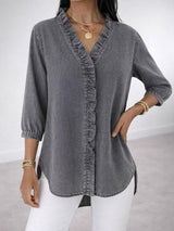 Women's Fashionable Casual Faux Denim V-Neck Shirt