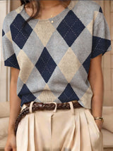 Retro Short-Sleeve Sweater Contrast-Color Jacquard Knit Top