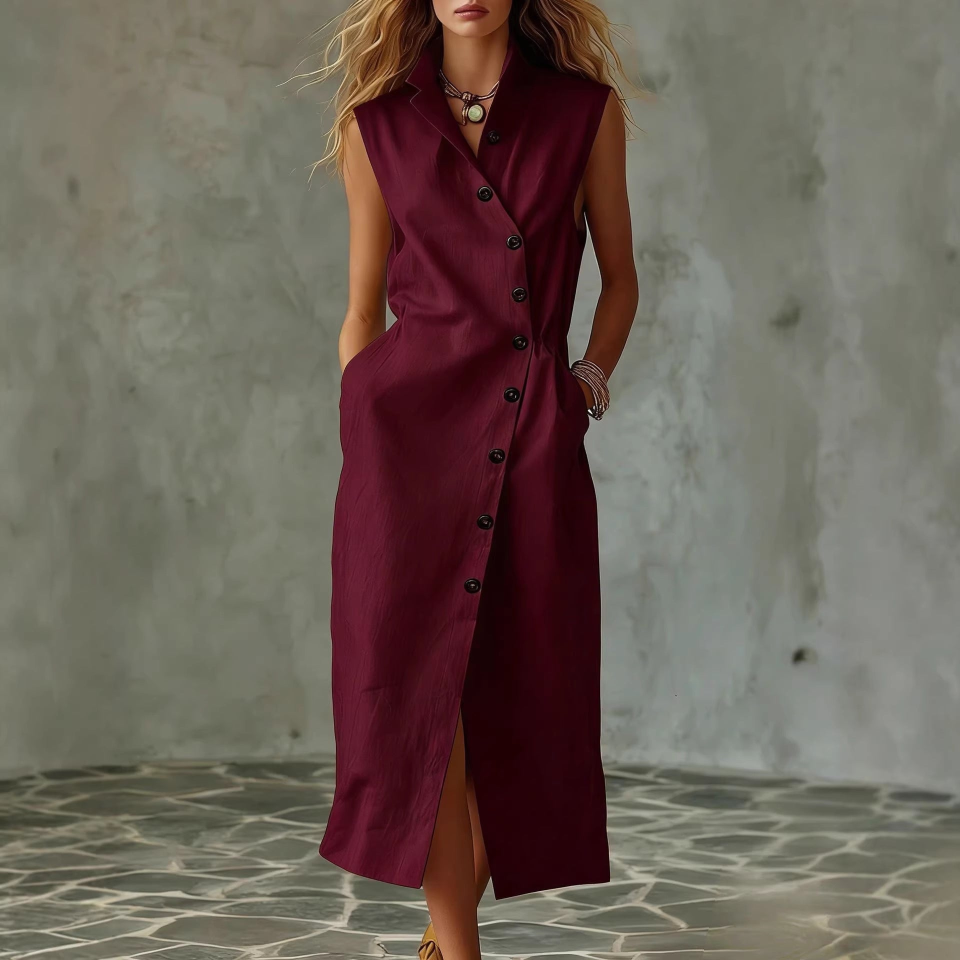 Slim-fit Elegant Single-breasted Dress With A Stand-up Collar For Women