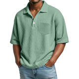Men's Waffle-Weave Solid Color Short-Sleeve Lapel Polo Shirt
