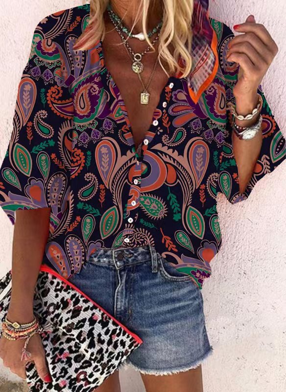Loose-fit Button-up Retro Print Casual Shirt